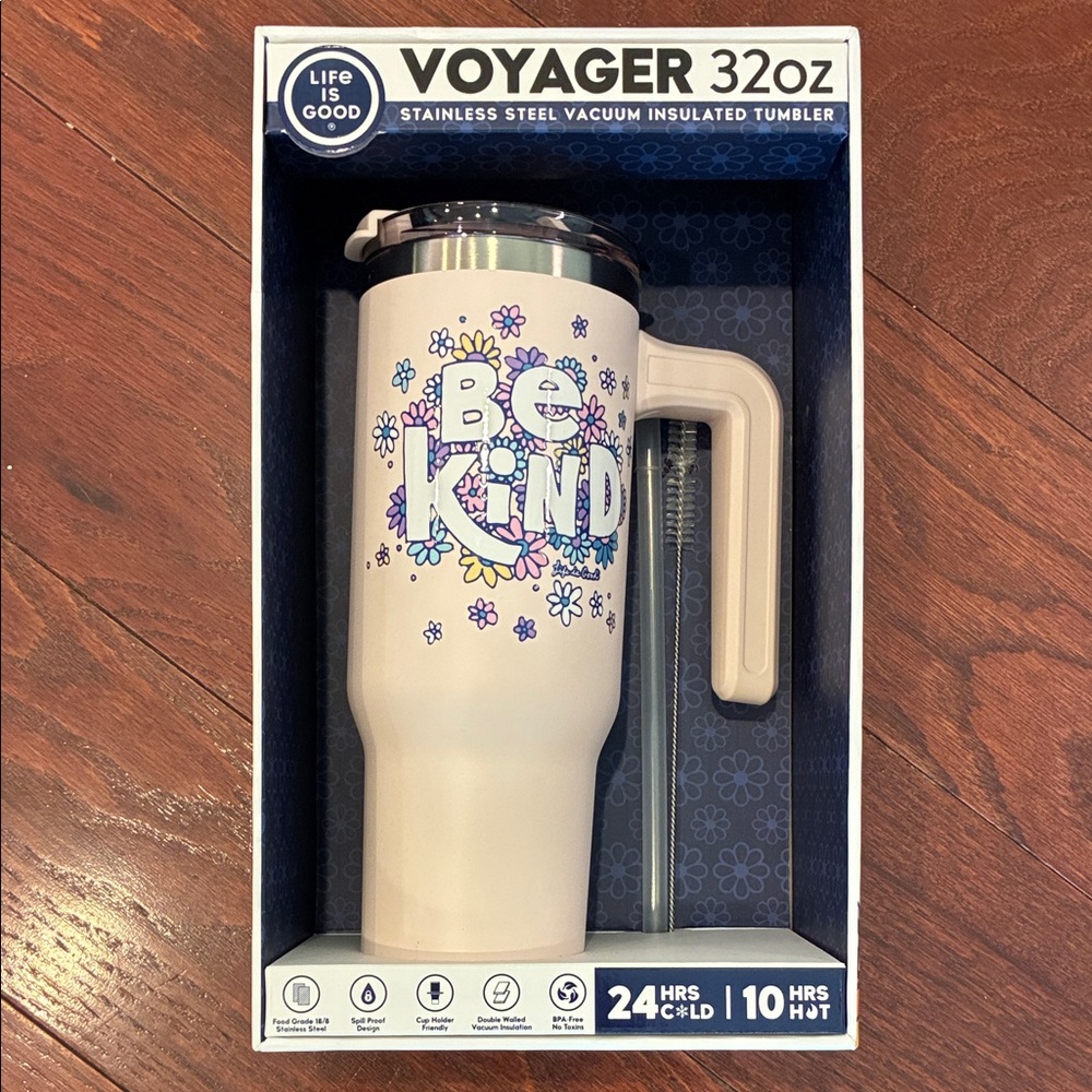 Life Is Good Voyager 32oz Tumbler with Pastel Floral "Be Kind" Design